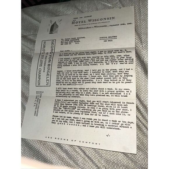Old Ice Skating Champion Contract Letter Hotel Wisconsin Letterhead Milwaukee - Picture 1 of 2